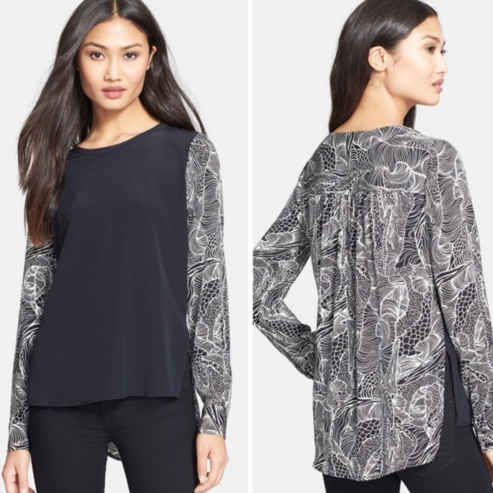Diane Von Furstenberg Louisa Long Sleeve 100% Silk Size 4 Black and White Blouse